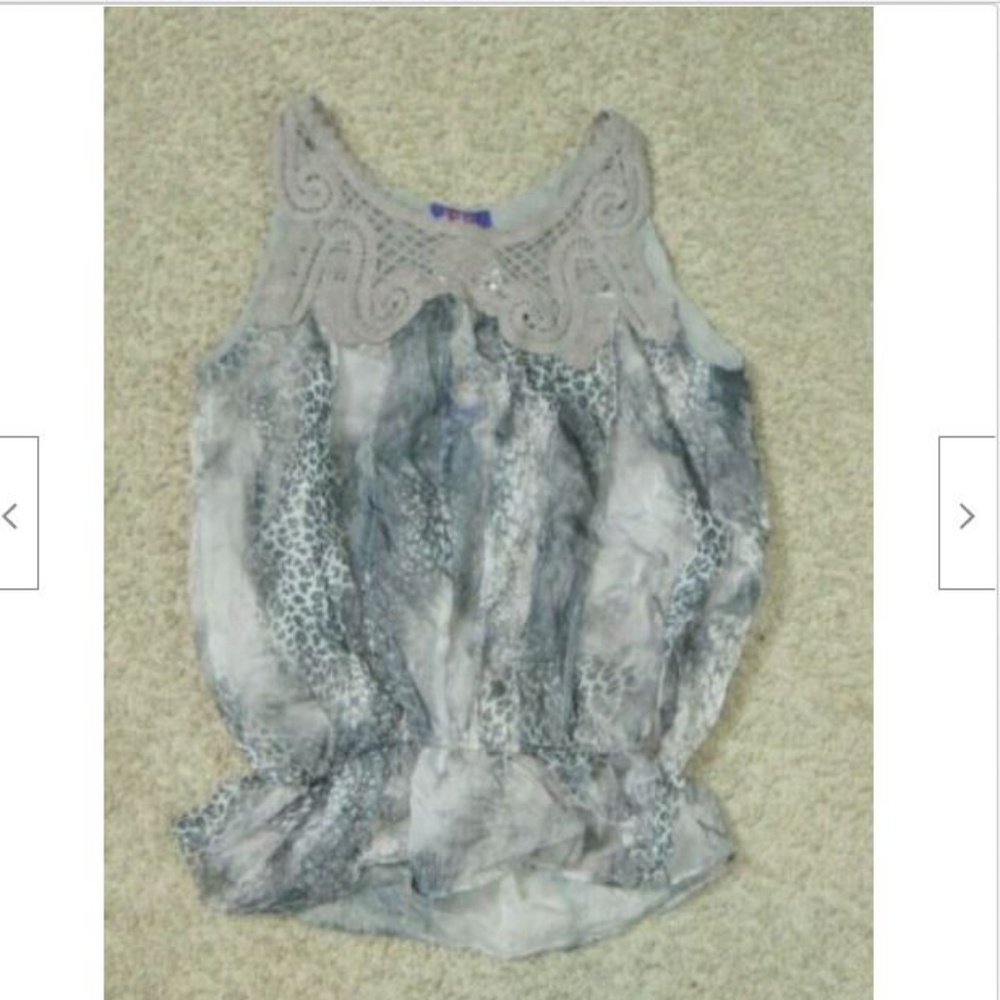 Hessi Peplum Crochet Sheer Gray Leopard Print Top